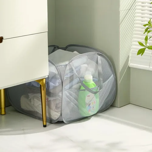 Vista 7 de TECHMILLY Cesta plegable de malla con asas fuertes, cesta de ropa de gran apertura con bolsillos laterales, cestas de almacenamiento para Blanco