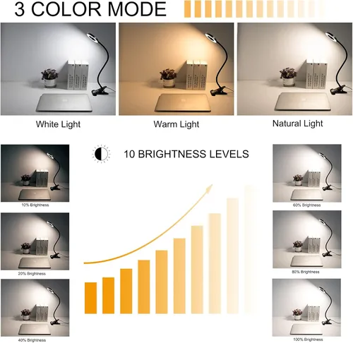 Vista 8 de Luces de lectura con clip de 48 LED, lámpara de escritorio con 3 modos de color y 10 brillo regulable, 360° flexible de cuello de cisne