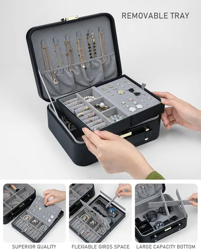 Vista 3 de V-LAFUY Organizador de viaje grande para joyas, joyero de viaje grande con asa, estuche de joyería de viaje grande para aretes, collares, anillos