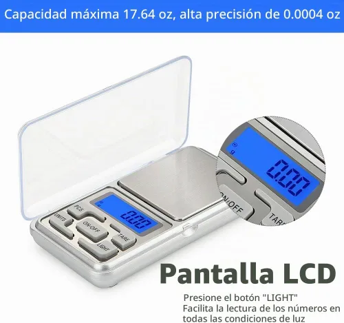 Vista 4 de Báscula digital de bolsillo, capacidad de 17.64 oz, balance de alta precisión de 0.00 oz, mini báscula de peso de recarga de gramos, báscula
