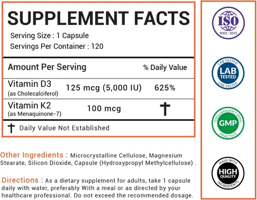 Vista 2 de Vitamina D3 5000 UI – Apoyo mejorado para huesos, corazón e inmunitarios – Apoya la absorción de calcio, fórmula limpia y confiable