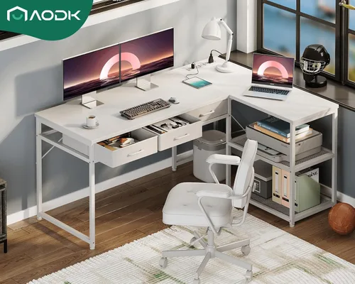 Vista 3 de AODK - Escritorio de computadora en forma de L de 53 pulgadas con cajones, con tomas de corriente y estantes de almacenamiento, soporte móvil
