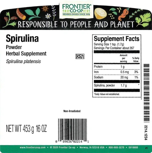 Vista 2 de Frontier Co-op Spirulina Powder - Polvo de espirulina pura, sabor verde suave, no irradiado, Kosher 16 onzas (paquete de 1)