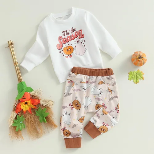 Vista 2 de Conjunto de sudadera de manga larga con estampado de calabaza y pantalones de Halloween para bebé, 2 piezas, ropa de otoño e invierno