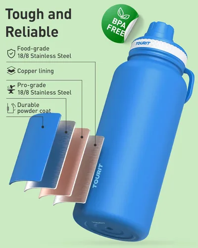 Vista 2 de TOURIT Botella de agua aislada de 24 onzas, botellas de agua de acero inoxidable con asa, botella de agua deportiva al vacío de doble pared, sin