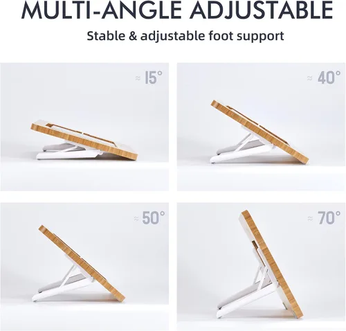 Vista 5 de Soporte ajustable para tablet con ranura para lápiz y cable de cargador, soporte de madera de bambú con múltiples ángulos, organizador de escritorio