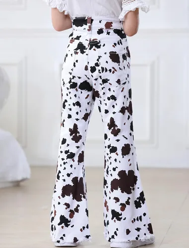 Vista 3 de Pantalones vaqueros acampanados para niñas de 3 a 14 años con bandera americana, pantalones acampanados de mezclilla elásticos de cintura alta