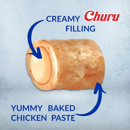 Vista 2 de INABA Churu Bites para Gatos, Golosinas para Gatos Rellenas de Churu Envueltas en Pollo Horneado Suave/Masticable con Vitamina E, 0.35 Onzas por
