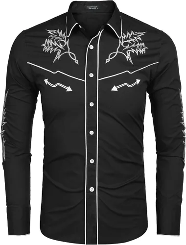 Vista 2 de Coofandy Camisa vaquera occidental bordada de manga larga de algodón casual con botones
