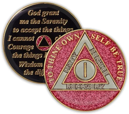 Vista 8 de Moneda de sobriedad de 1 año Ficha de aniversario de recuperación de chip AA con purpurina (aguamarina) Glitter Sparkle Alcoholics Anonymous 24k