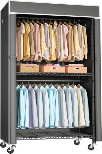 Vista 11 de FUTASSI Perchero para ropa con cubierta, armarios rodantes P1C con ruedas, perchero de metal para colgar ropa, armario de almacenamiento de ropa