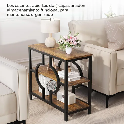 Vista 3 de Mesa auxiliar, mesa auxiliar estrecha con estantes de almacenamiento de 3 niveles, mesa auxiliar de sofá de madera con marco de metal geométrico