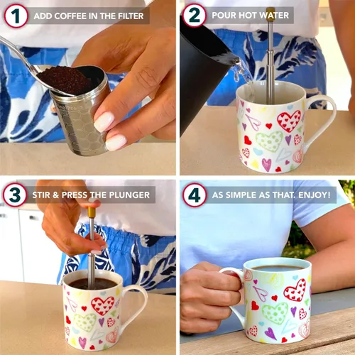 Vista 4 de FinalPress Cafetera y té original, prensa micro francesa portátil de acero inoxidable, tecnología patentada 3 en 1 para preparar bebidas calientes