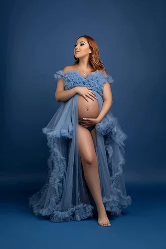 Vista 5 de Vestidos de maternidad de tul para sesión de fotos, bata de novia larga transparente con hombros descubiertos, vestidos de embarazo para mujeres