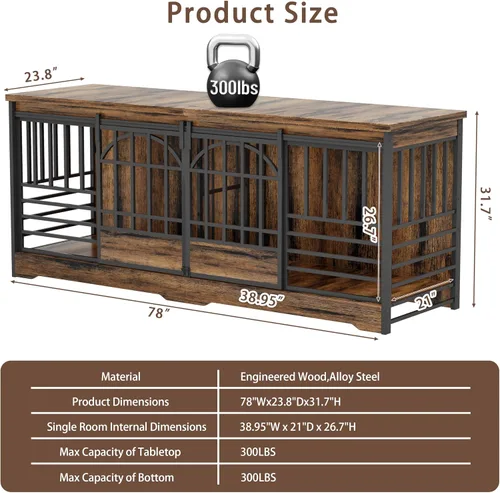 Vista 2 de Mueble de jaula doble para perros de 78 pulgadas, perrera extra grande para interiores con divisor, jaula resistente para perros para 2 perros, casa