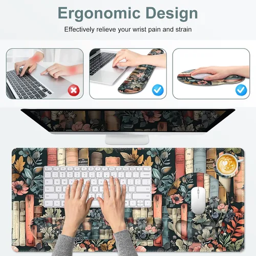 Vista 5 de Alfombrilla de mouse con estética natural de flores, XXL gran alfombrilla de escritorio extendida para la lectura, 4 piezas de base de goma