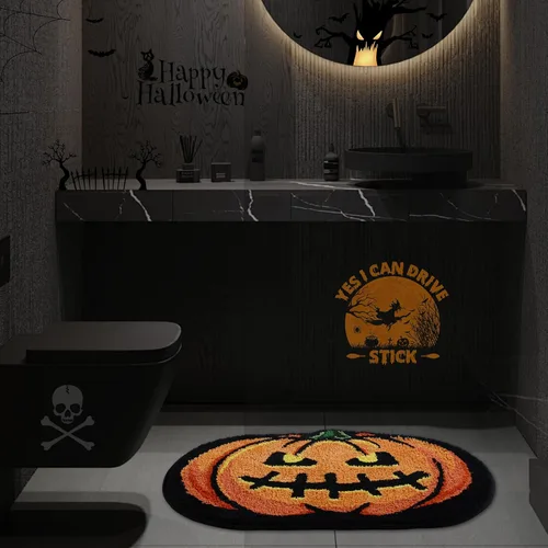 Vista 9 de Alfombra de baño de calabaza de Halloween de 20 x 32 pulgadas, suave y absorbente, alfombra de baño de otoño, antideslizante, lavable, decoración