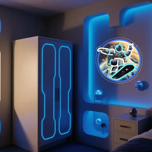 Vista 7 de Monopatín de astronauta, letrero de neón con impresión UV, letrero acrílico para decoración de pared, luz de neón para dormitorio, bar, cafetería