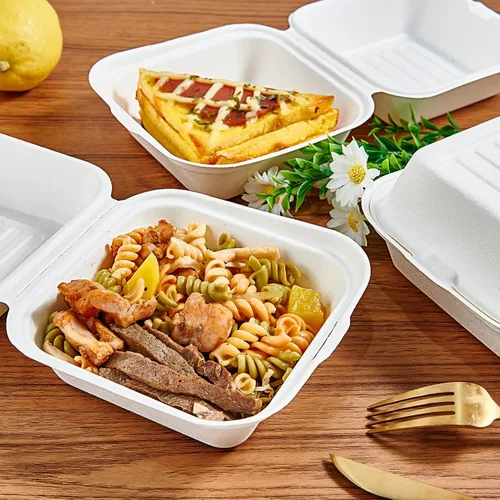 Vista 6 de Paquete de 200 recipientes de comida para llevar, 100% compostables, desechables, cajas de 6 x 6 pulgadas para ensalada, tartas, sándwiches