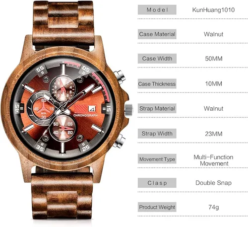 Vista 5 de Relojes de madera para hombre, relojes de pulsera casuales de cuarzo de madera para hombres, regalos