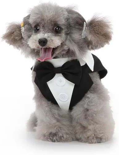 Vista 3 de Esmoquin para cachorro con corbata de moño desmontable, para graduación, boda, uso formal, disfraz de príncipe para perros pequeños (XS, negro)