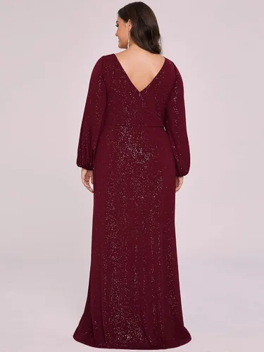 Vista 2 de Ever-Pretty Plus Womens Glitter V-Neck Side Slit Plus Size Evening Dresses with Long Sleeves 70110