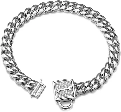 Vista 7 de Collar de cadena para perro, collar de cadena cubana resistente de 0.47 pulgadas, acero inoxidable 316L plata/oro, collar de entrenamiento de perro