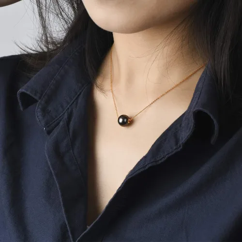 Vista 5 de 18K Gold Tahitian Black Pearl Necklace for Women, 10-11mm Tahitian Seawater Cultured Floating Single Pearl Pendant with Sterling Silver Chain