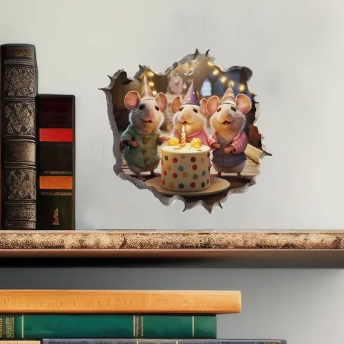 Vista 2 de Adhesivo de pared 3D con agujero de ratón de cumpleaños con agujero de ratón
