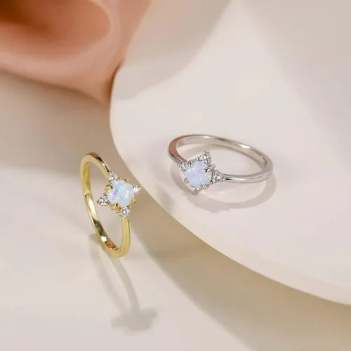 Vista 3 de SHINYSO Anillo de boda chapado en oro de 14 quilates para mujer, anillos finos y apilables, ópalo delicado con circonita cúbica, anillo