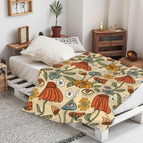 Vista 5 de Manta de hongos florales retro de los años 70, mantas suaves de franela para cama, acogedora y ligera, regalos de felpa para mujeres, hombres
