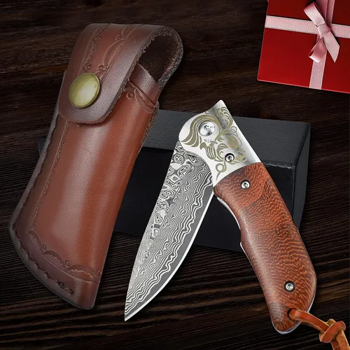 Vista 6 de Cuchillo de bolsillo de Damasco AUBEY con clip, cuchillos plegables con hoja de acero Damasco VG10, mango de madera, cuchillos EDC plegables