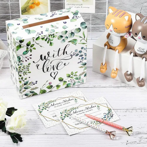 Vista 6 de Outus Caja de 51 tarjetas de boda con hojas de salvia con tarjetas de consejos, caja de tarjetas de despedida de soltera, cajas de sobre