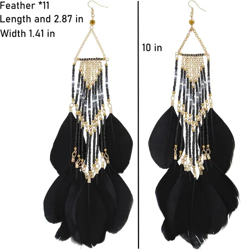 Vista 7 de Aretes de plumas sintéticas para mujer, aretes bohemios con cuentas de semillas con borla de plumas para mujer