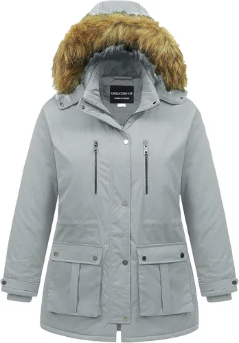Vista 13 de CREATMO US Abrigo de invierno para mujer, talla grande, impermeable, chaqueta puffer larga, cálida, militar, gruesa, parka con capucha de piel Gris