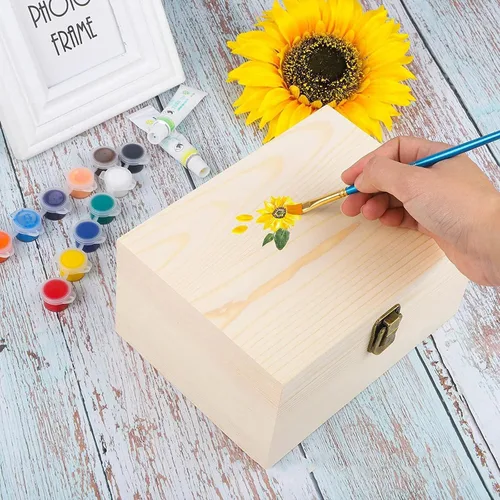 Vista 4 de Caja de madera grande con tapa con bisagras, 2 unidades, caja de almacenamiento rectangular 10x7x4 Inch Outer Size Unfinished Wood Craft Chests