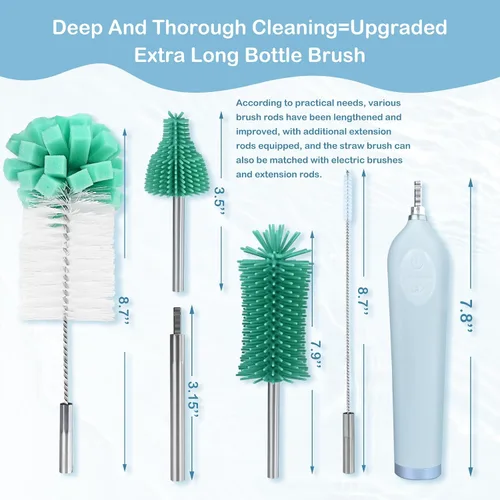 Vista 6 de Limpiador eléctrico de cepillo de botellas con soporte, limpiador automático recargable de botellas de agua con mango de extensión de acero