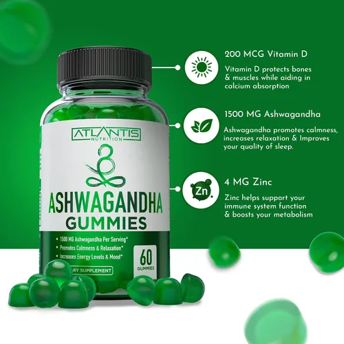 Vista 5 de 60 gomitas Ashwagandha + 60 gomitas de cereza ácida -Ashwagandha aumenta los niveles de energía y fortalece el sistema inmunológico. La cereza ácida