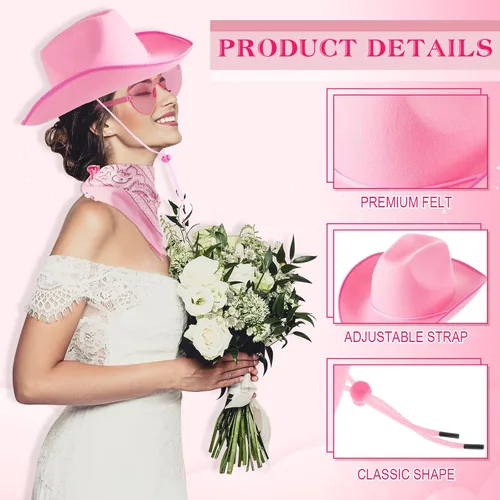 Vista 3 de 12 sombreros de vaquero con bandana para Halloween, cosplay, disfraz de vaquera, sombrero para boda, novia, dama de honor, hombres y mujeres, rosa