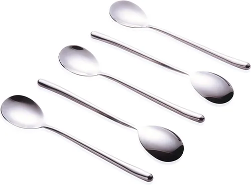 Vista 4 de Ouliget Cucharas de sopa coreanas, cucharas de sopa de mango largo de acero inoxidable, plata, 8 piezas, 8.7 pulgadas.
