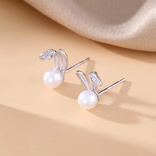 Vista 5 de SLUYNZ 925 Sterling Silver Easter Rabbit Bunny Studs Earrings for Women Teen Girls Pearl Rabbit Earrings Studs A-Plata
