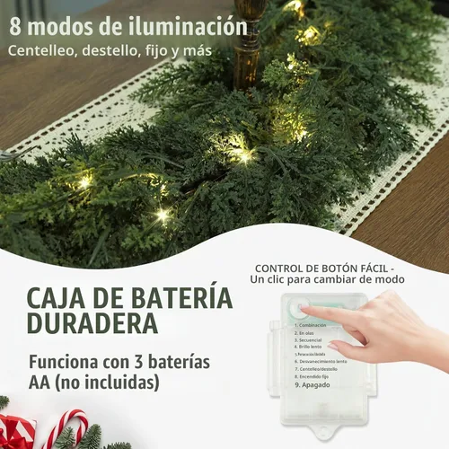 Vista 9 de Guirnalda de Navidad realista con luces, 8 modos de iluminación, 6 pies, tacto real, exuberante, guirnalda artificial de cedro preiluminada