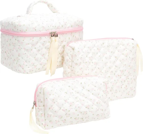 Vista 48 de PAZIMIIK - Bolsa de maquillaje de algodón para mujer, grande, acolchada para viaje, Rosa (Bow Pink), Vintage