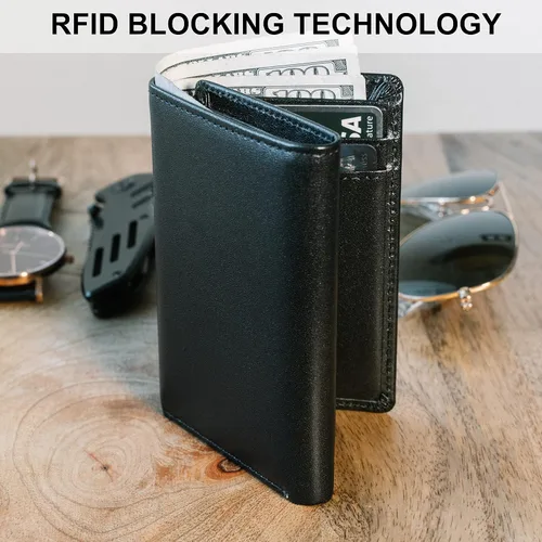 Vista 5 de STAY FINE Billetera de cuero RFID triple para hombre con identificación abatible, soporte delgado para tarjetas de capacidad extra, listo