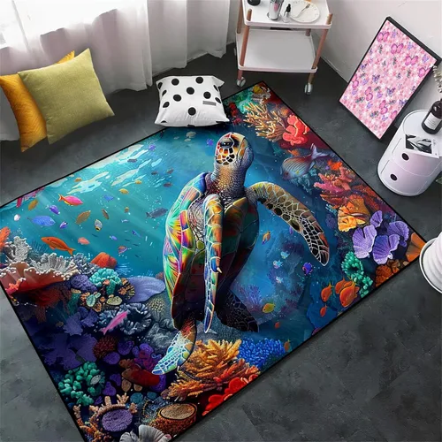 Vista 20 de Alfombra de tortuga marina con estampado de animales marinos y animales marinos, alfombra con estampado de tortugas marinas, para niños y niñas