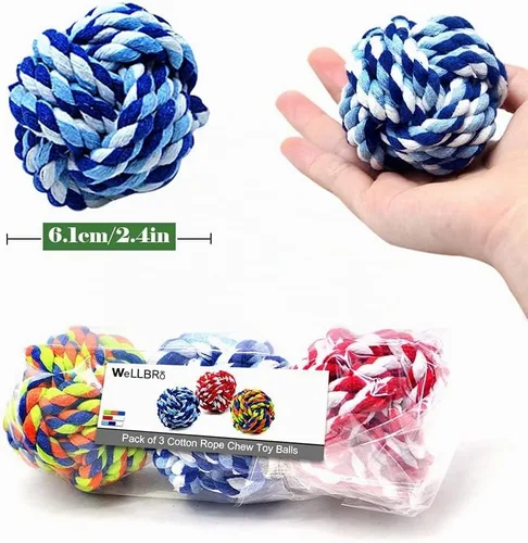 Vista 3 de Juguete masticable para mascotas, cuerda de algodón con tejido de nudos, bola pequeña para perros y gatos, paquete 3 en uno