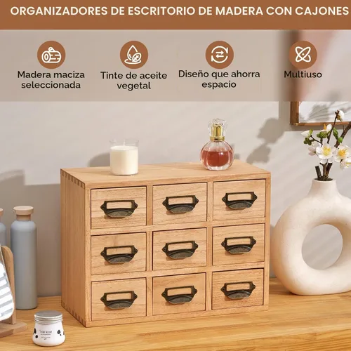 Vista 4 de KIRIGEN Organizador de escritorio de madera con 9 cajones, armario de Natural