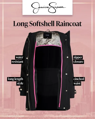 Vista 2 de Jessica Simpson Chaqueta impermeable Softshell resistente al agua, con volantes en la espalda, chaqueta larga con capucha para mujer, S-XL