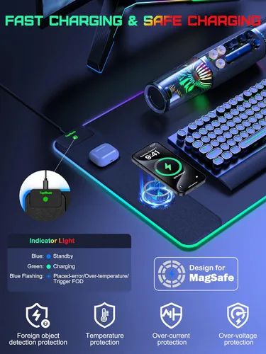 Vista 3 de TopMade Alfombrilla de Mouse de Carga Inalámbrica, Alfombrilla de Mouse para Juegos RGB, Alfombrilla de Escritorio para Oficina en Casa, 31.5" x RGB