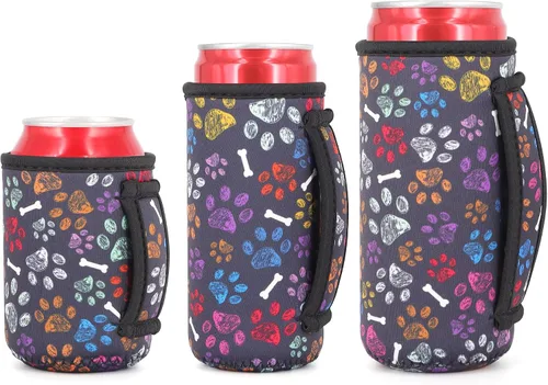 Vista 32 de 3 Pack de fundas aisladas reutilizables de neopreno con asa para soda, bebida energética, refresco, cerveza, seltzer duro, fundas para latas de 12